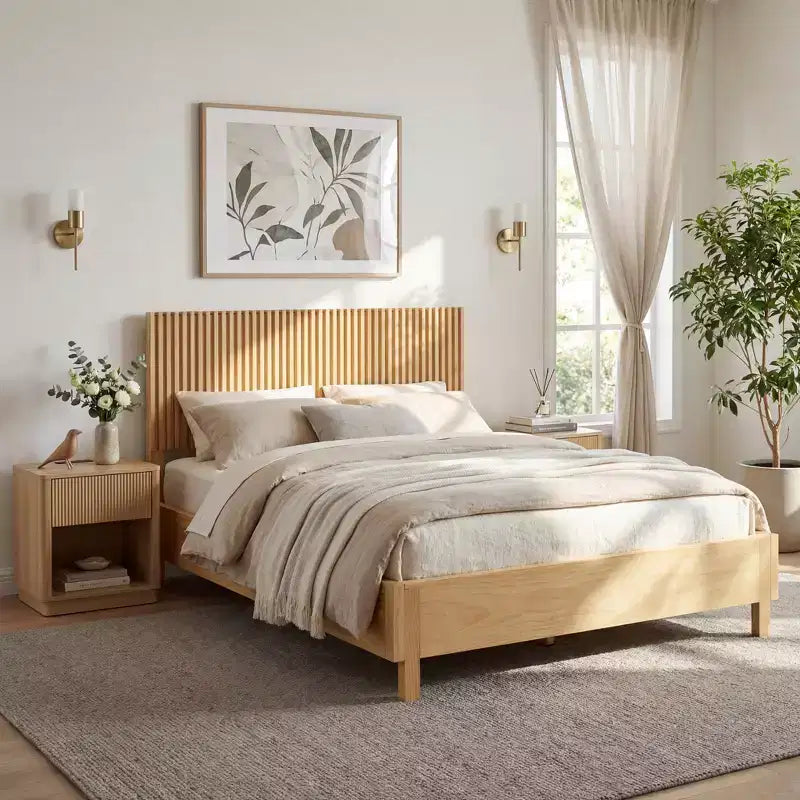 Queen/King Size Platform Bed Frame with Vertical Slat Headboard Modern Rustic Bed, No Box Spring Needed