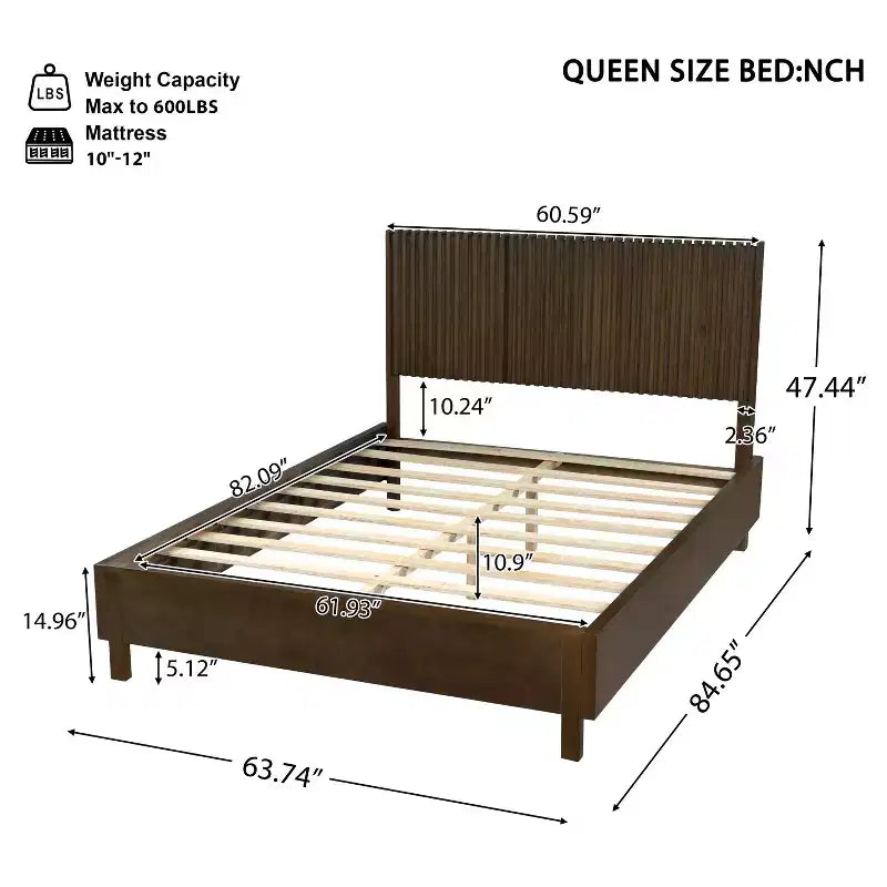 Queen/King Size Platform Bed Frame with Vertical Slat Headboard Modern Rustic Bed, No Box Spring Needed