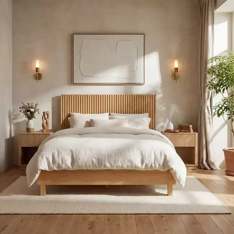 Queen/King Size Platform Bed Frame with Vertical Slat Headboard Modern Rustic Bed, No Box Spring Needed