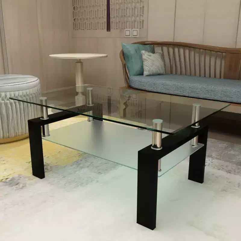 Modern Rectangular Wood Coffee Table with Glass Top for Living Room Office