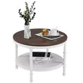 Vintage Brown Round Farmhouse Coffee Table, 2-Tier Storage