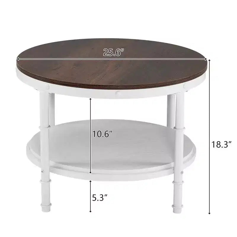 Vintage Brown Round Farmhouse Coffee Table, 2-Tier Storage