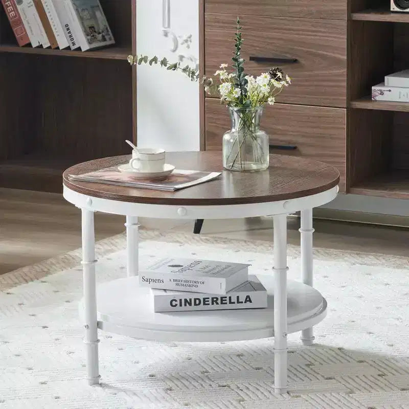Vintage Brown Round Farmhouse Coffee Table, 2-Tier Storage