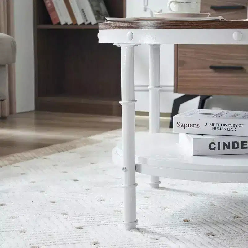 Vintage Brown Round Farmhouse Coffee Table, 2-Tier Storage