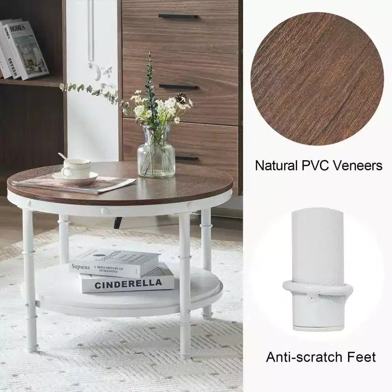 Vintage Brown Round Farmhouse Coffee Table, 2-Tier Storage