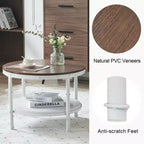 Vintage Brown Round Farmhouse Coffee Table, 2-Tier Storage