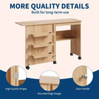 Folding Sewing Table and Compact Craft Station with Lockable Wheels, Sewing Machine Desk with Storage Shelves, Trays and Pegs