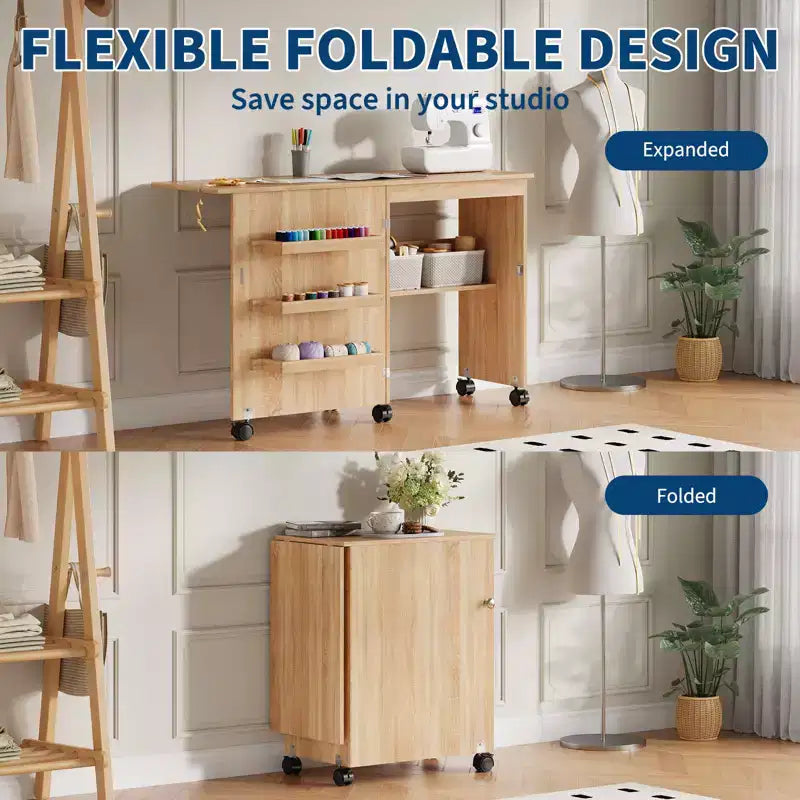 Folding Sewing Table and Compact Craft Station with Lockable Wheels, Sewing Machine Desk with Storage Shelves, Trays and Pegs