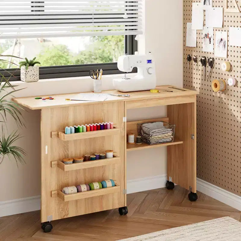 Folding Sewing Table and Compact Craft Station with Lockable Wheels, Sewing Machine Desk with Storage Shelves, Trays and Pegs