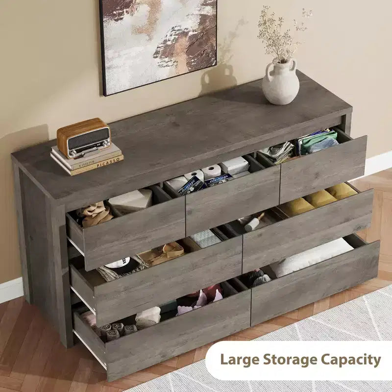 53W 7-Drawer Dresser, Modern Wide Wooden Chest of Drawers Storage Organizer for Bedroom & Hallway