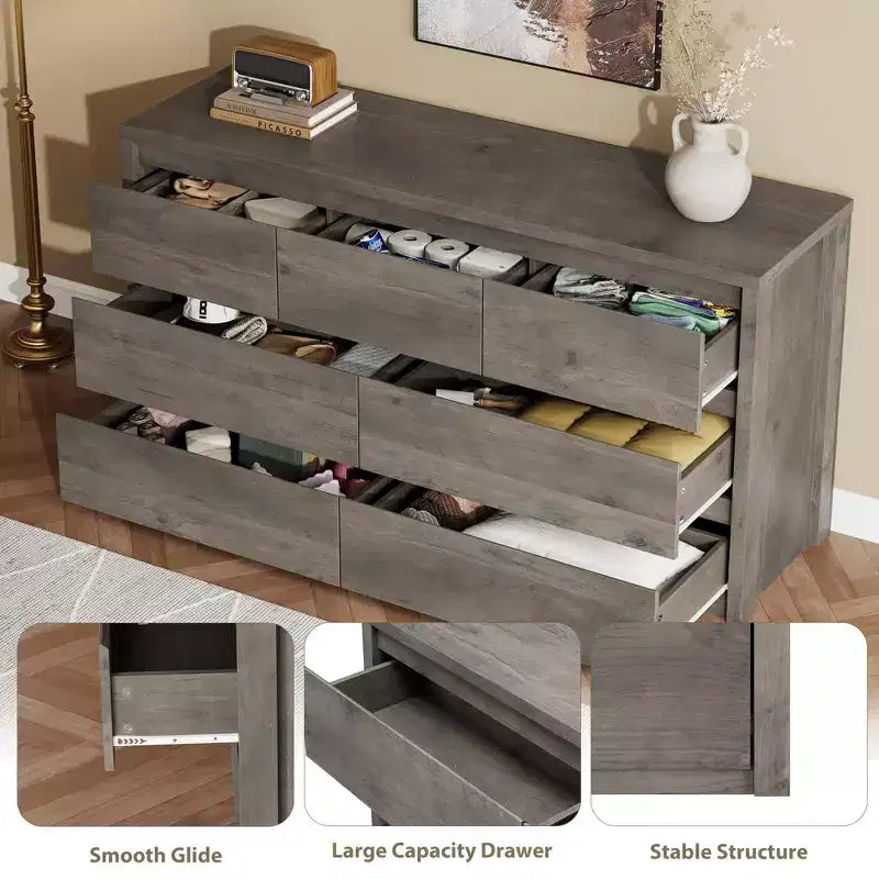 53W 7-Drawer Dresser, Modern Wide Wooden Chest of Drawers Storage Organizer for Bedroom & Hallway