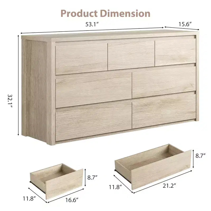 53W 7-Drawer Dresser, Modern Wide Wooden Chest of Drawers Storage Organizer for Bedroom & Hallway