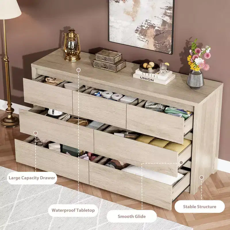 53W 7-Drawer Dresser, Modern Wide Wooden Chest of Drawers Storage Organizer for Bedroom & Hallway