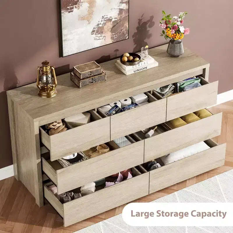 53W 7-Drawer Dresser, Modern Wide Wooden Chest of Drawers Storage Organizer for Bedroom & Hallway