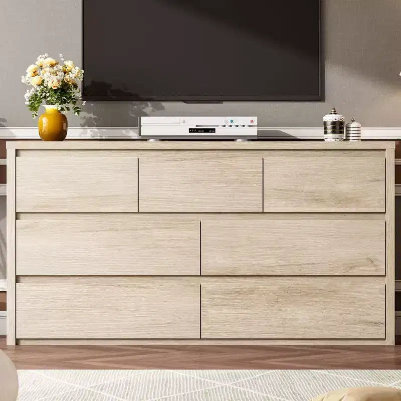 53W 7-Drawer Dresser, Modern Wide Wooden Chest of Drawers Storage Organizer for Bedroom & Hallway