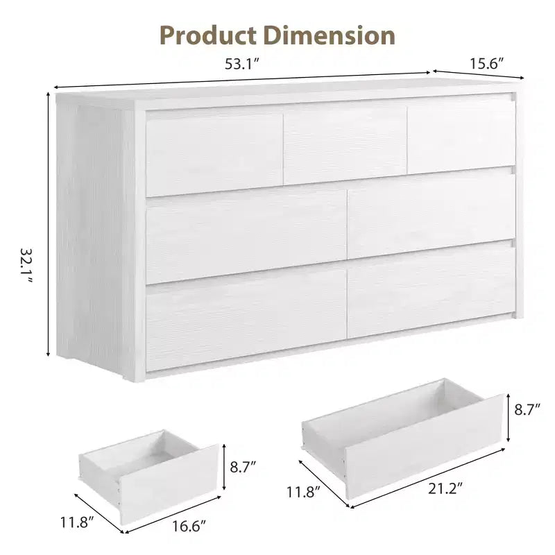 53W 7-Drawer Dresser, Modern Wide Wooden Chest of Drawers Storage Organizer for Bedroom & Hallway