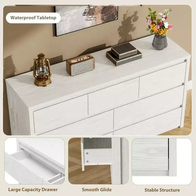 53W 7-Drawer Dresser, Modern Wide Wooden Chest of Drawers Storage Organizer for Bedroom & Hallway