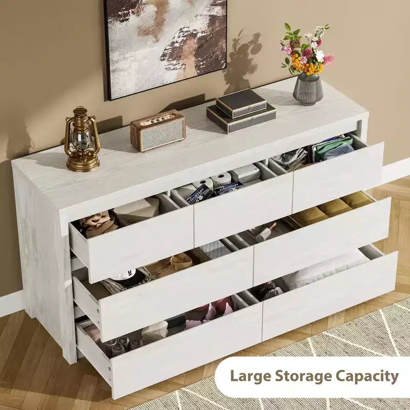 53W 7-Drawer Dresser, Modern Wide Wooden Chest of Drawers Storage Organizer for Bedroom & Hallway