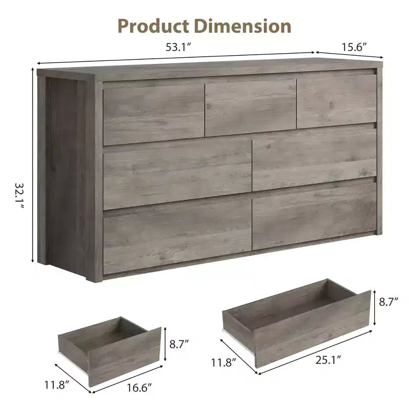 53W 7-Drawer Dresser, Modern Wide Wooden Chest of Drawers Storage Organizer for Bedroom & Hallway