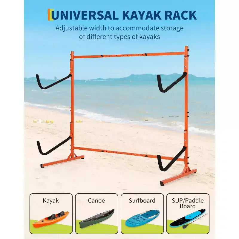 Heavy-Duty Freestanding Kayak Storage Rack for 2 Kayaks  Adjustable Steel Stand with Padded Arms  Fits Canoes, SUPs, Surfboards Max 175lbs