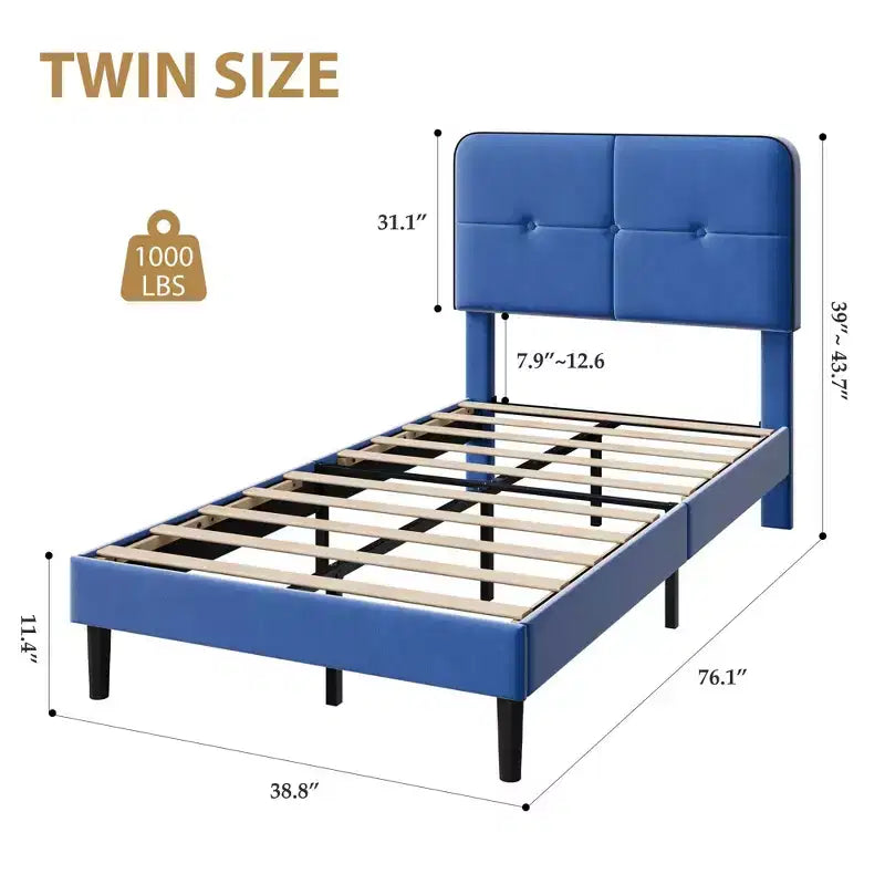 Velvet Upholstered Platform Bed with Adjustable Headboard, Wood Slat & Metal Support, No Box Spring Needed, Quiet & Easy Assembly