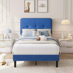 Velvet Upholstered Platform Bed with Adjustable Headboard, Wood Slat & Metal Support, No Box Spring Needed, Quiet & Easy Assembly