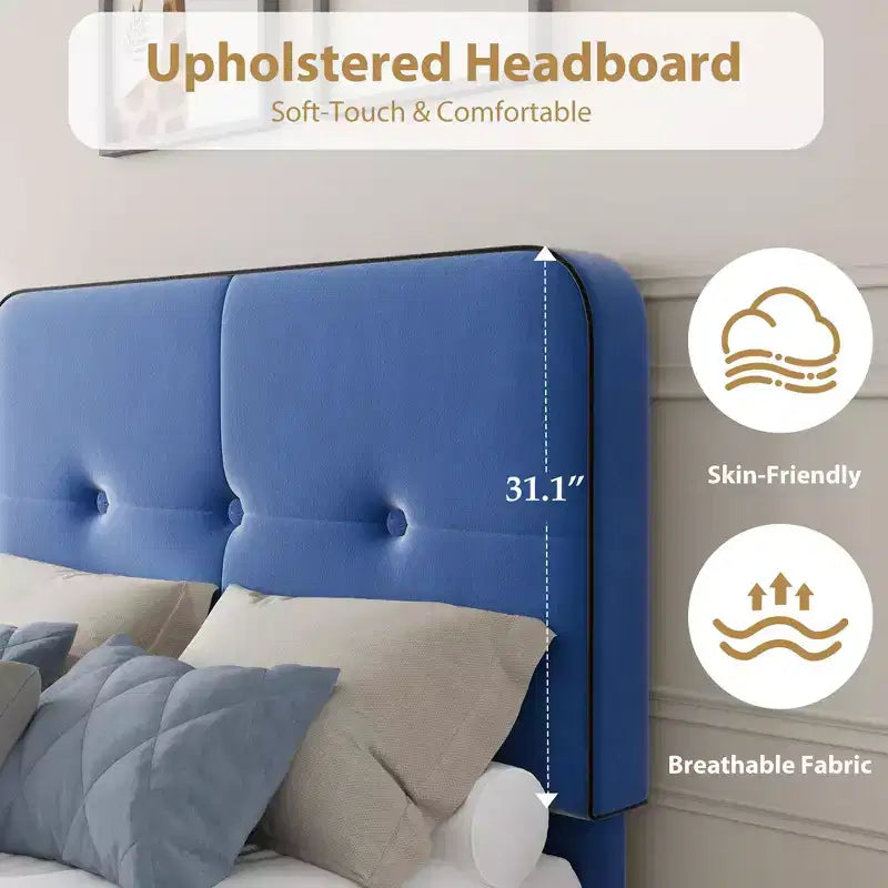 Velvet Upholstered Platform Bed with Adjustable Headboard, Wood Slat & Metal Support, No Box Spring Needed, Quiet & Easy Assembly