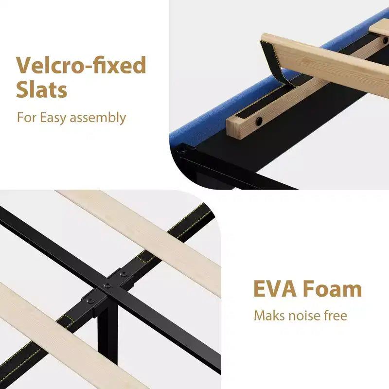 Velvet Upholstered Platform Bed with Adjustable Headboard, Wood Slat & Metal Support, No Box Spring Needed, Quiet & Easy Assembly