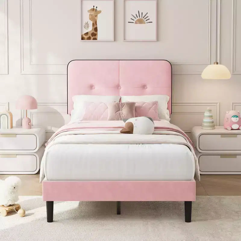Velvet Upholstered Platform Bed with Adjustable Headboard, Wood Slat & Metal Support, No Box Spring Needed, Quiet & Easy Assembly