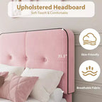 Velvet Upholstered Platform Bed with Adjustable Headboard, Wood Slat & Metal Support, No Box Spring Needed, Quiet & Easy Assembly