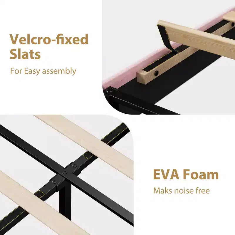 Velvet Upholstered Platform Bed with Adjustable Headboard, Wood Slat & Metal Support, No Box Spring Needed, Quiet & Easy Assembly