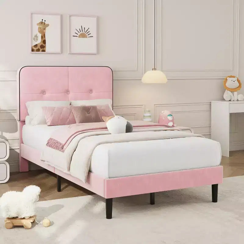 Velvet Upholstered Platform Bed with Adjustable Headboard, Wood Slat & Metal Support, No Box Spring Needed, Quiet & Easy Assembly