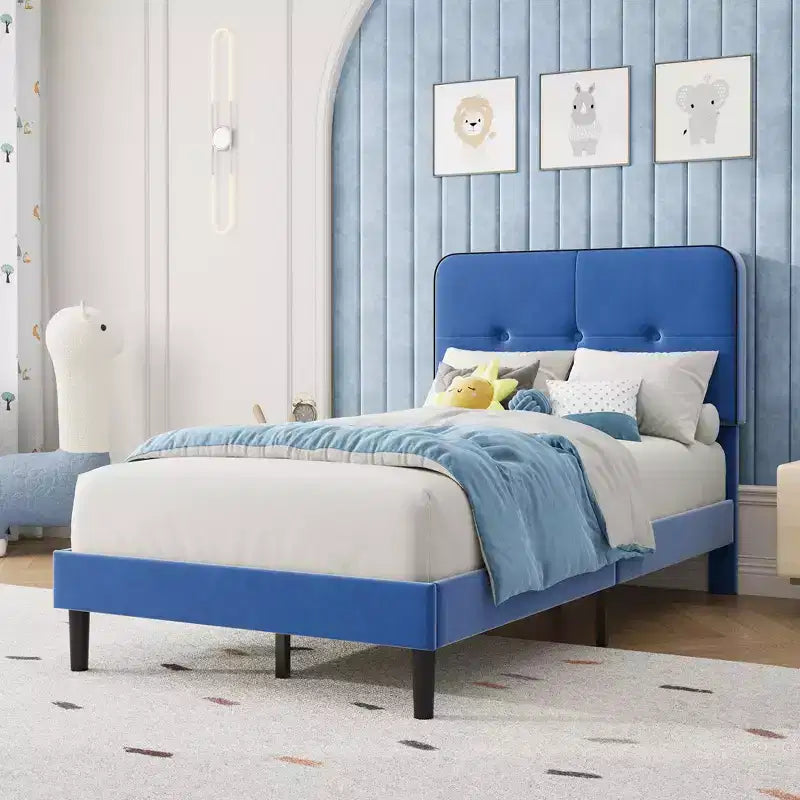 Velvet Upholstered Platform Bed with Adjustable Headboard, Wood Slat & Metal Support, No Box Spring Needed, Quiet & Easy Assembly