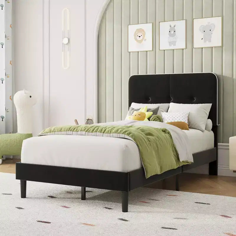 Velvet Upholstered Platform Bed with Adjustable Headboard, Wood Slat & Metal Support, No Box Spring Needed, Quiet & Easy Assembly