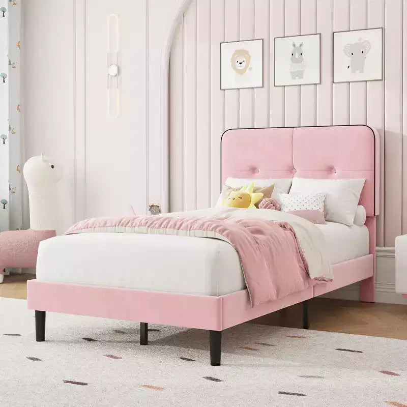 Velvet Upholstered Platform Bed with Adjustable Headboard, Wood Slat & Metal Support, No Box Spring Needed, Quiet & Easy Assembly