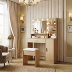 Makeup Vanity Desk with HD Mirror & 10 LED Bulbs, Charging Station, 3 Lighting Modes, Hairdryer Holder and Cushioned Stool for Bedroom