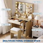 Makeup Vanity Desk with HD Mirror & 10 LED Bulbs, Charging Station, 3 Lighting Modes, Hairdryer Holder and Cushioned Stool for Bedroom