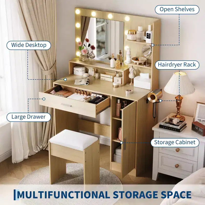 Makeup Vanity Desk with HD Mirror & 10 LED Bulbs, Charging Station, 3 Lighting Modes, Hairdryer Holder and Cushioned Stool for Bedroom