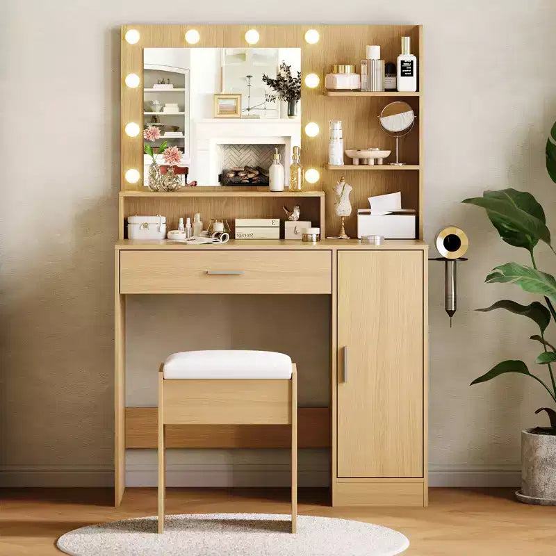 Makeup Vanity Desk with HD Mirror & 10 LED Bulbs, Charging Station, 3 Lighting Modes, Hairdryer Holder and Cushioned Stool for Bedroom