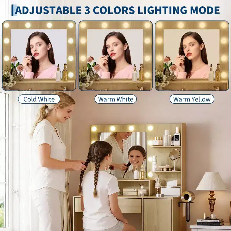 Makeup Vanity Desk with HD Mirror & 10 LED Bulbs, Charging Station, 3 Lighting Modes, Hairdryer Holder and Cushioned Stool for Bedroom