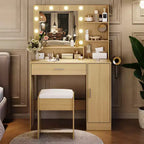 Makeup Vanity Desk with HD Mirror & 10 LED Bulbs, Charging Station, 3 Lighting Modes, Hairdryer Holder and Cushioned Stool for Bedroom