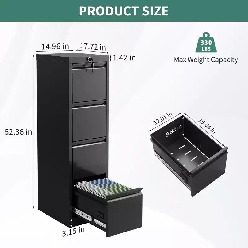 4-Drawer File Cabinet with Lock, Heavy Duty Metal Filing Cabinet for Letter/Legal/A4/F4 Documents, Freestanding Storage for Home Office