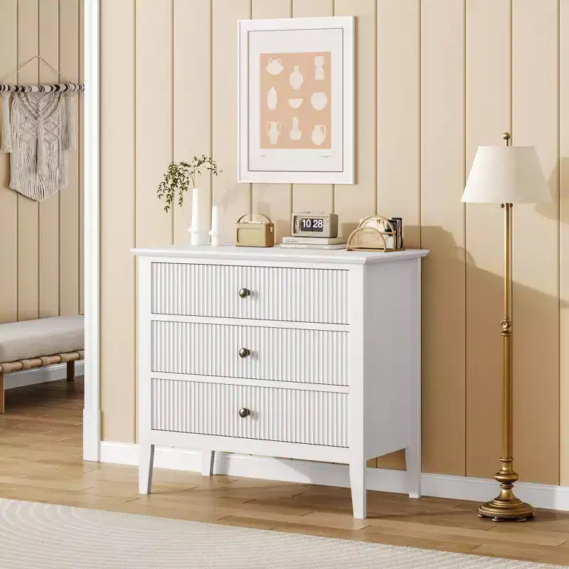 3 Drawer Dresser Set of 2, Fluted Wood Chest with Gold Handles Wide Storage Cabinet with Metal Legs for Bedroom, Living Room, Hallway, Entryway