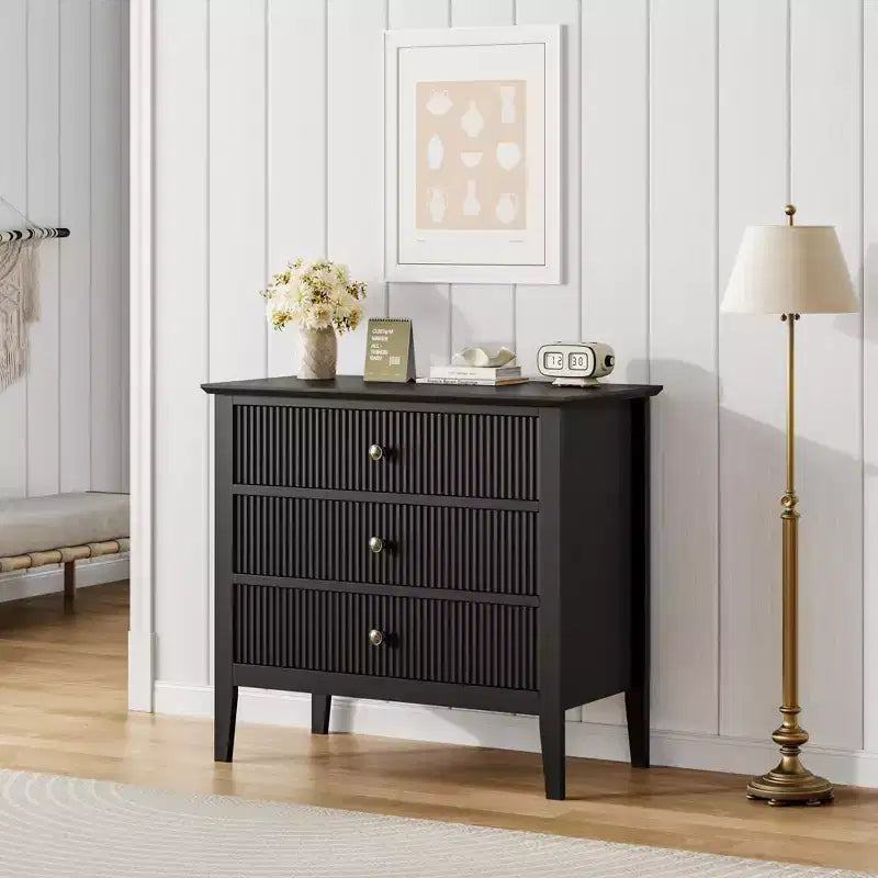 3 Drawer Dresser Set of 2, Fluted Wood Chest with Gold Handles Wide Storage Cabinet with Metal Legs for Bedroom, Living Room, Hallway, Entryway