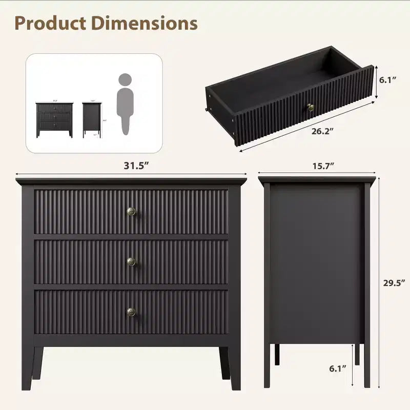3 Drawer Dresser Set of 2, Fluted Wood Chest with Gold Handles Wide Storage Cabinet with Metal Legs for Bedroom, Living Room, Hallway, Entryway