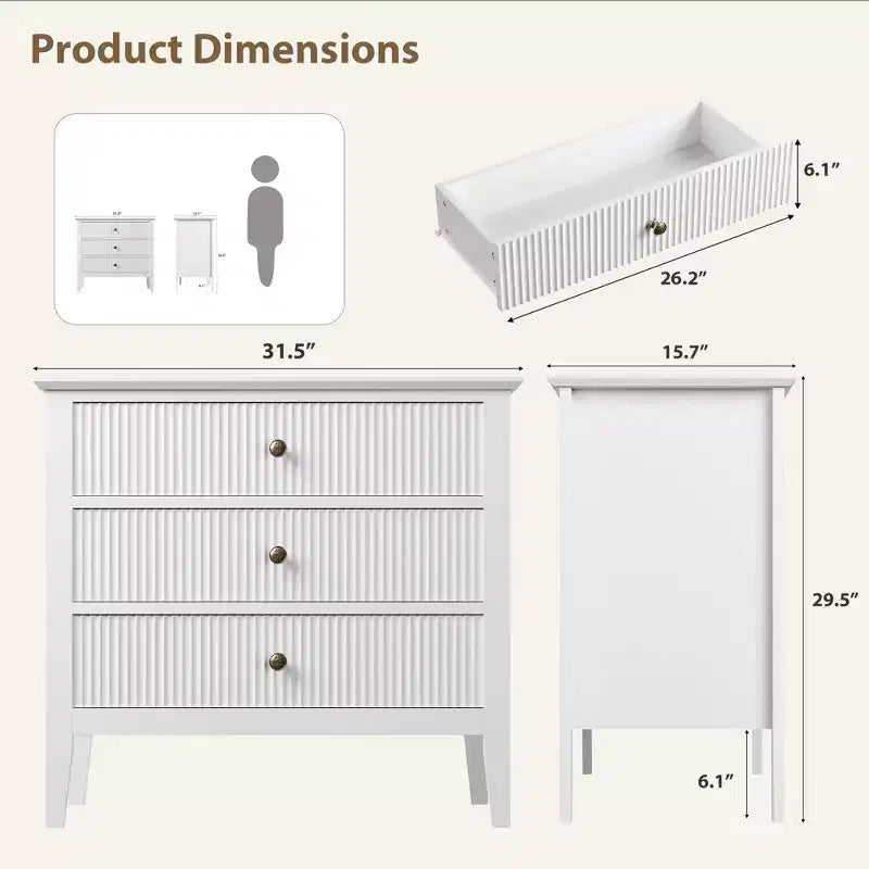 3 Drawer Dresser Set of 2, Fluted Wood Chest with Gold Handles Wide Storage Cabinet with Metal Legs for Bedroom, Living Room, Hallway, Entryway