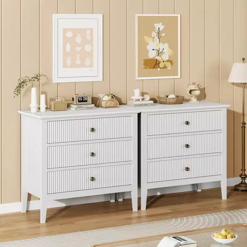 3 Drawer Dresser Set of 2, Fluted Wood Chest with Gold Handles Wide Storage Cabinet with Metal Legs for Bedroom, Living Room, Hallway, Entryway