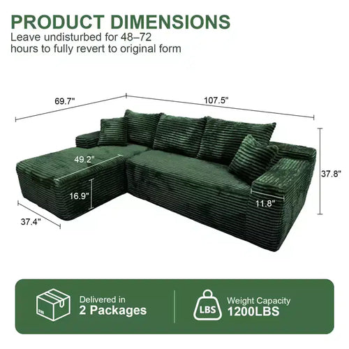 107.5" Modular Sectional Sofa, L-Shaped Boneless Couch with Deep Seat, Throw Pillow, Left Chaise for Living Room, Green