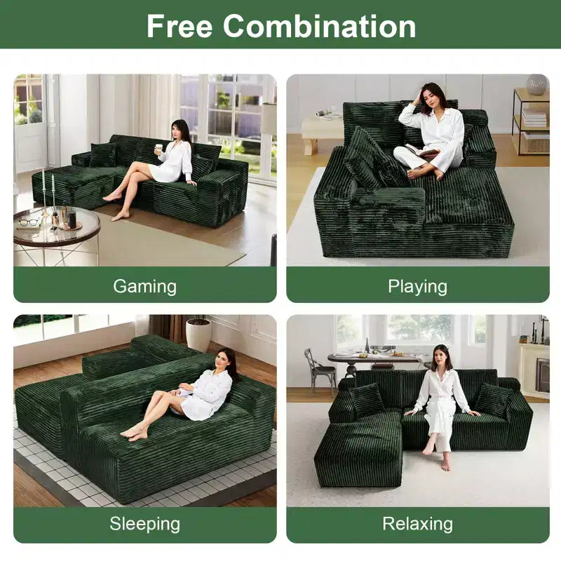 107.5" Modular Sectional Sofa, L-Shaped Boneless Couch with Deep Seat, Throw Pillow, Left Chaise for Living Room, Green