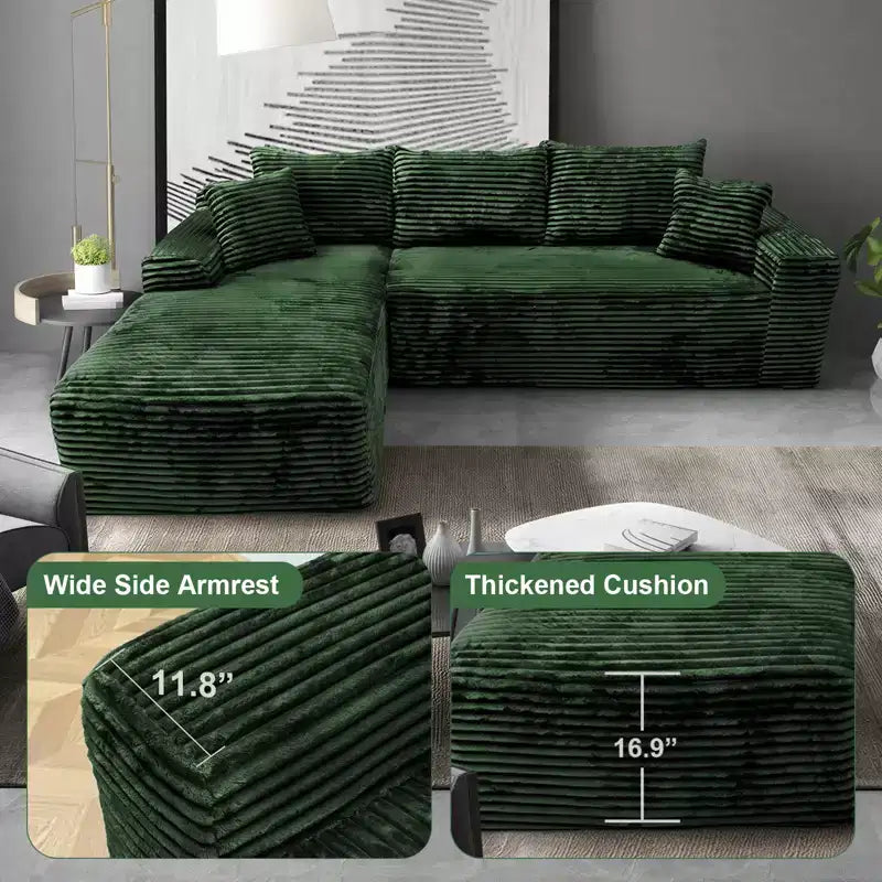 107.5" Modular Sectional Sofa, L-Shaped Boneless Couch with Deep Seat, Throw Pillow, Left Chaise for Living Room, Green